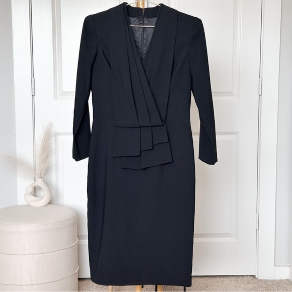 David Meister Black Sheath V-Neck Long Sleeve Midi Dress